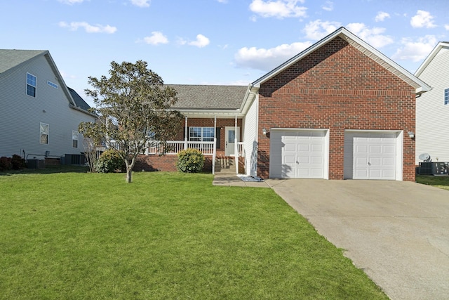 ranch-style home featuring a front yard, a porch, concrete driveway, a garage, and brick siding