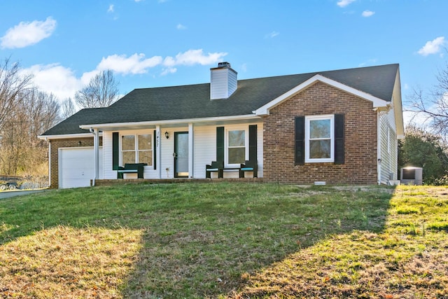 single story home with brick siding, a garage, a chimney, and a front lawn