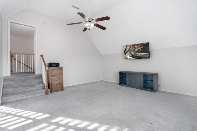 unfurnished living room featuring visible vents, baseboards, stairs, carpet floors, and vaulted ceiling