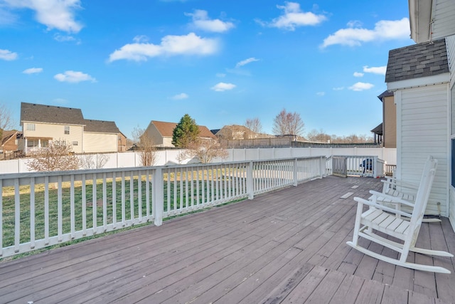 wooden terrace with a fenced backyard and a residential view