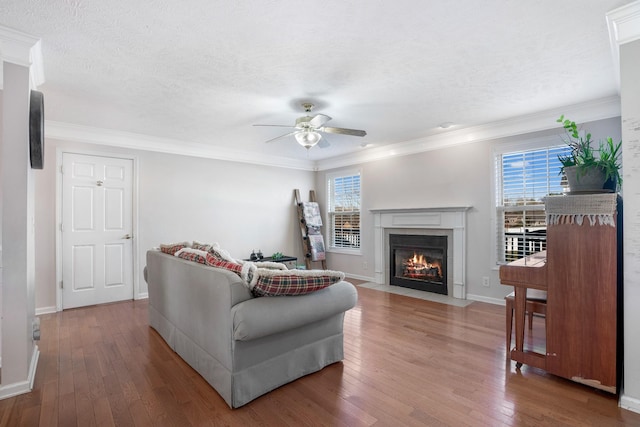 living room featuring a fireplace with flush hearth, crown molding, a ceiling fan, and hardwood / wood-style flooring