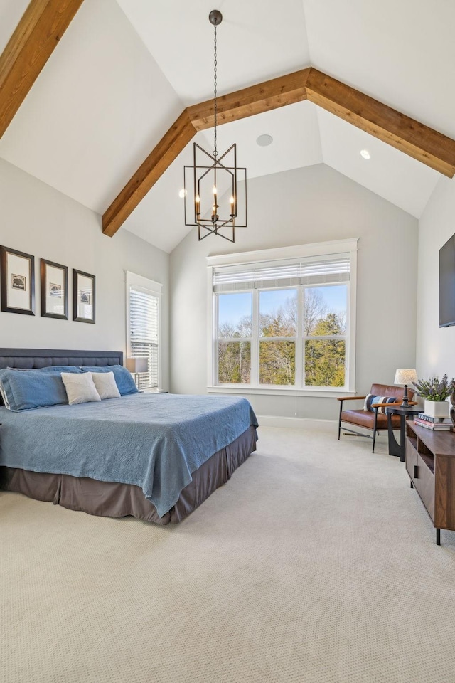 bedroom featuring a notable chandelier, vaulted ceiling with beams, recessed lighting, and carpet floors