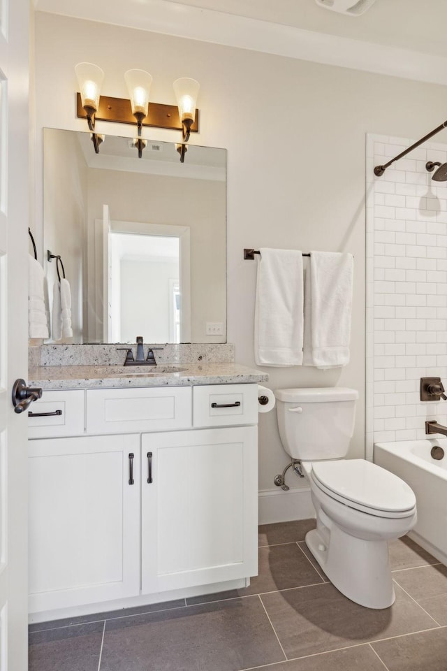 bathroom with toilet, shower / tub combination, tile patterned flooring, baseboards, and vanity