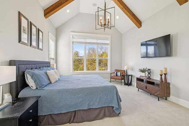 bedroom featuring baseboards, a chandelier, light colored carpet, lofted ceiling with beams, and recessed lighting