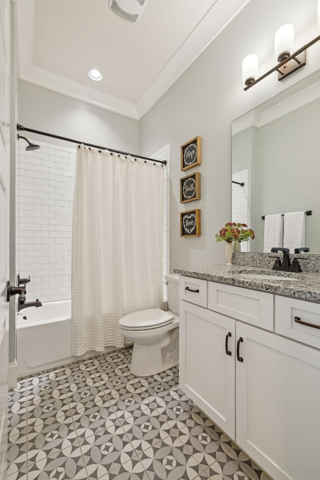 bathroom with toilet, ornamental molding, recessed lighting, shower / tub combo, and vanity