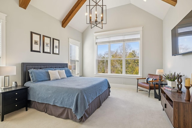 carpeted bedroom featuring a notable chandelier, vaulted ceiling with beams, and baseboards