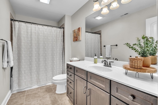 full bathroom with vanity, a shower with shower curtain, visible vents, tile patterned flooring, and toilet