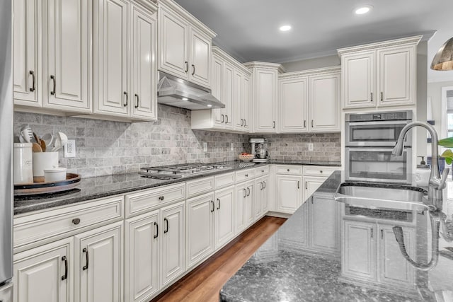 kitchen featuring wood finished floors, a sink, under cabinet range hood, appliances with stainless steel finishes, and backsplash