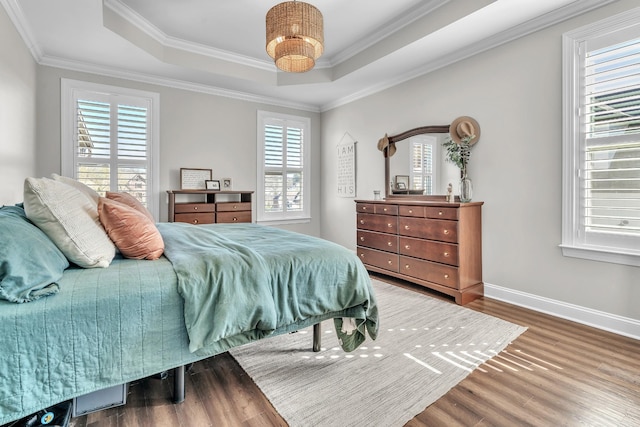 bedroom featuring a raised ceiling, wood finished floors, and baseboards