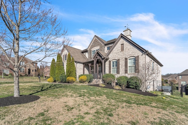 french country inspired facade with brick siding, a chimney, a front lawn, and fence