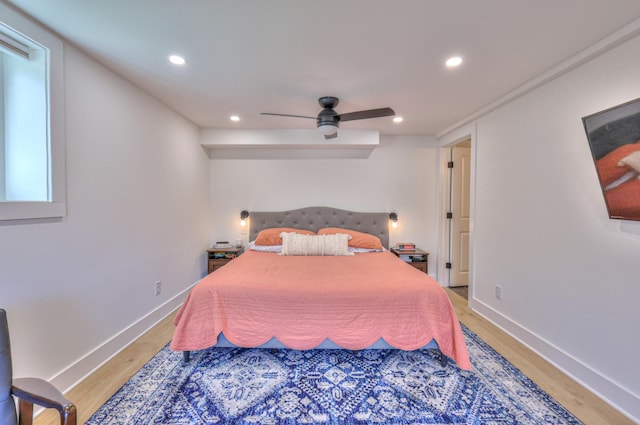 bedroom with a ceiling fan, recessed lighting, baseboards, and light wood finished floors