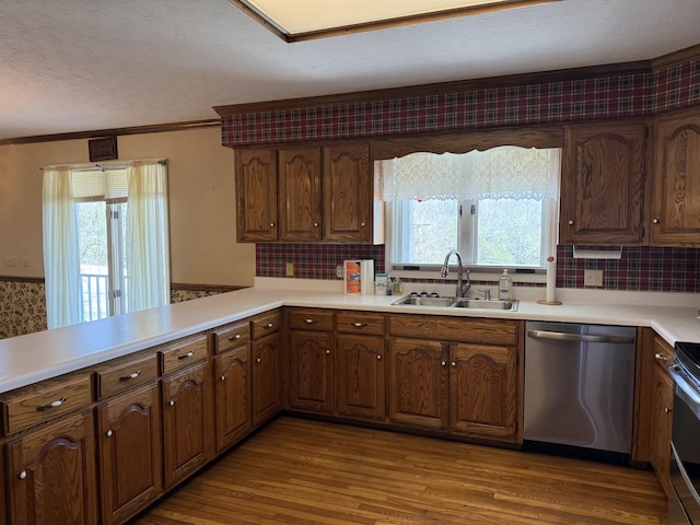 kitchen with a sink, stainless steel dishwasher, a healthy amount of sunlight, and wood finished floors