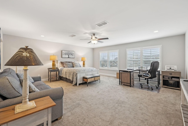 carpeted bedroom with a ceiling fan, recessed lighting, baseboards, and visible vents