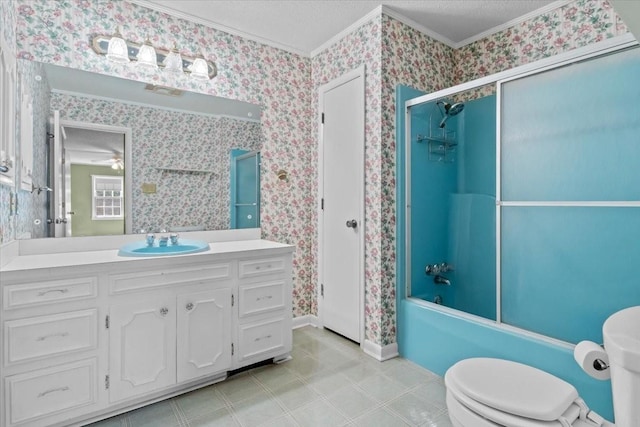 134 N Forrest Ave, Camden, TN 38320 - bathroom with crown molding, vanity, toilet, wallpapered walls, and bath / shower combo with glass door