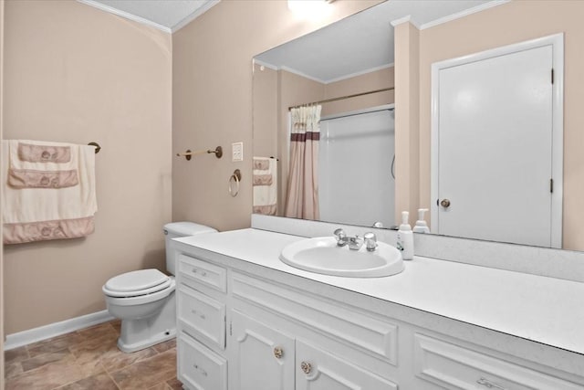 134 N Forrest Ave, Camden, TN 38320 - bathroom featuring ornamental molding, vanity, baseboards, toilet, and curtained shower