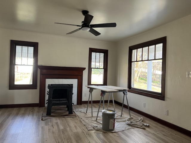 interior space with crown molding, wood finished floors, and baseboards