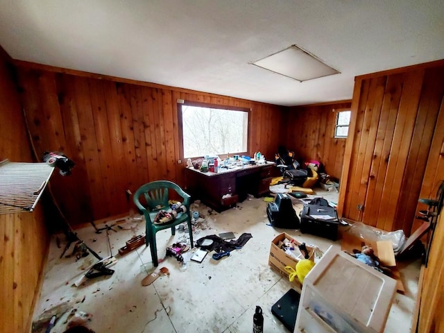 office space featuring wood walls