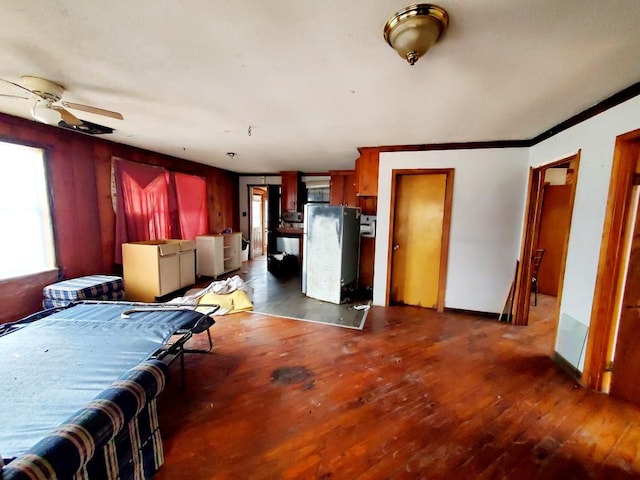 living room with dark wood-style flooring, ceiling fan, and ornamental molding