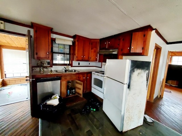 kitchen featuring crown molding, a sink, dark wood-style floors, under cabinet range hood, and white appliances