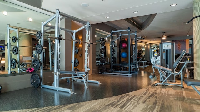 workout area with recessed lighting and a ceiling fan