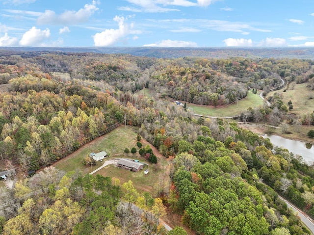 drone / aerial view with a view of trees and a water view