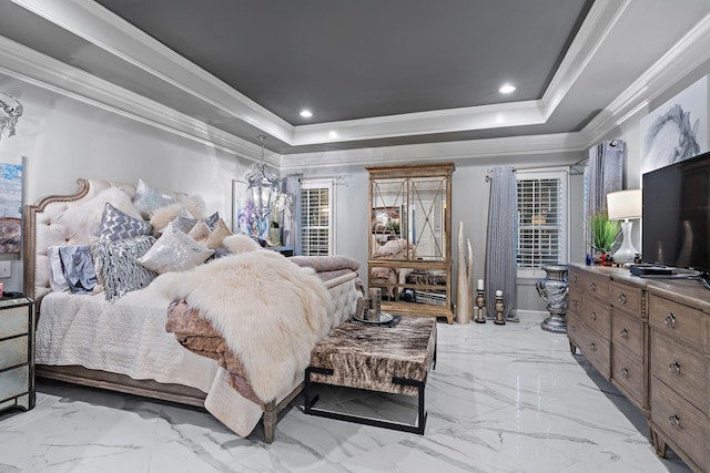 bedroom featuring recessed lighting, a tray ceiling, and ornamental molding