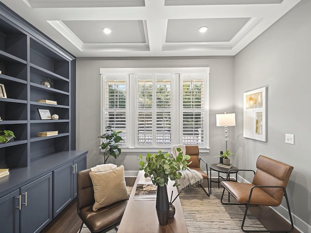 living area featuring recessed lighting, wood finished floors, baseboards, and coffered ceiling