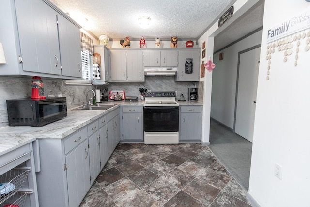 kitchen featuring electric range, a sink, light countertops, under cabinet range hood, and black microwave