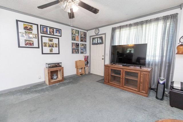 carpeted living room with a ceiling fan and a textured ceiling