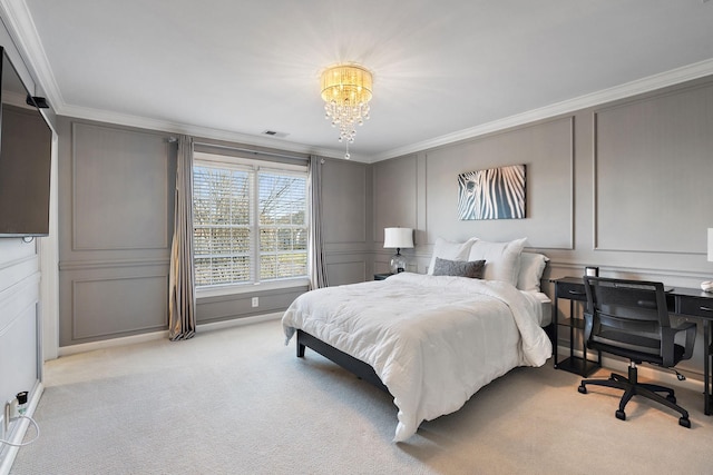 bedroom featuring visible vents, light carpet, a notable chandelier, ornamental molding, and a decorative wall