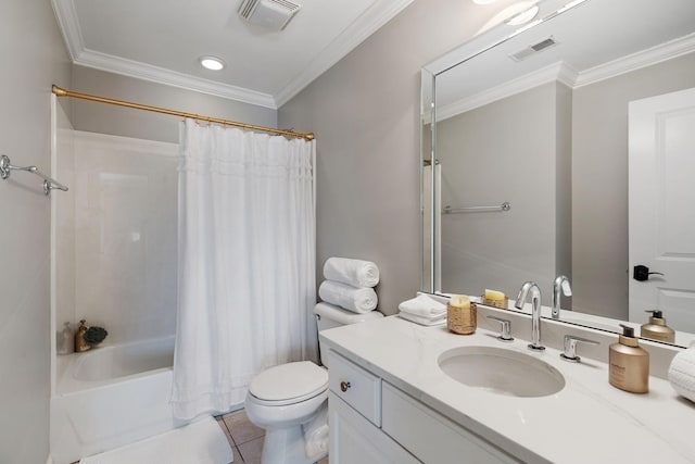 bathroom featuring visible vents, toilet, crown molding, tile patterned flooring, and vanity