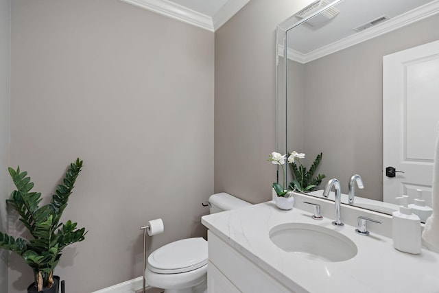 half bath featuring vanity, crown molding, toilet, and visible vents