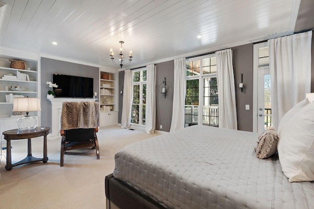 carpeted bedroom with wood ceiling, access to exterior, crown molding, and an inviting chandelier