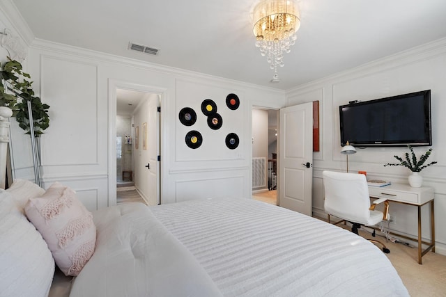 bedroom featuring visible vents, a chandelier, ornamental molding, and a decorative wall