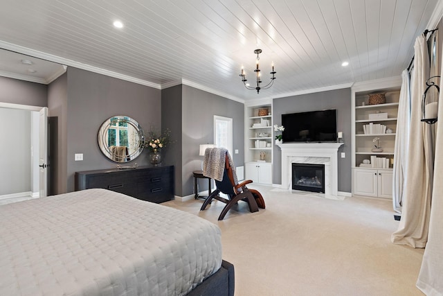 bedroom featuring baseboards, a high end fireplace, crown molding, a notable chandelier, and wooden ceiling