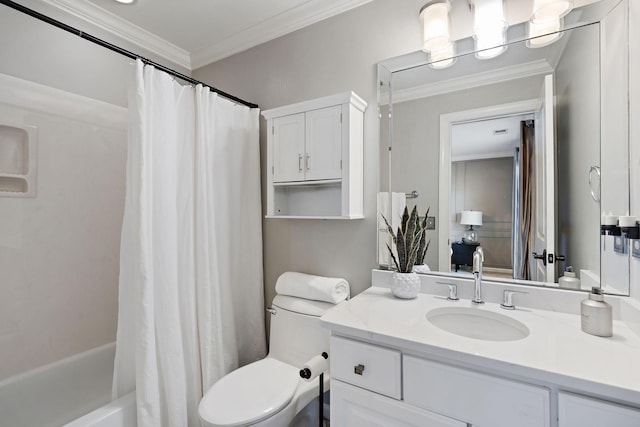 full bathroom with toilet, vanity, shower / tub combo, and ornamental molding