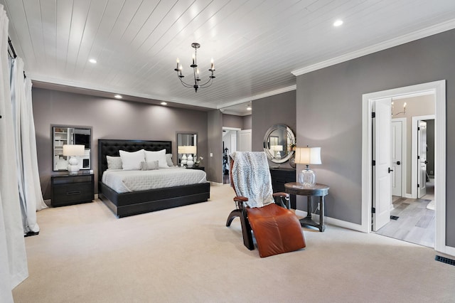 bedroom featuring a chandelier, carpet flooring, recessed lighting, and ornamental molding