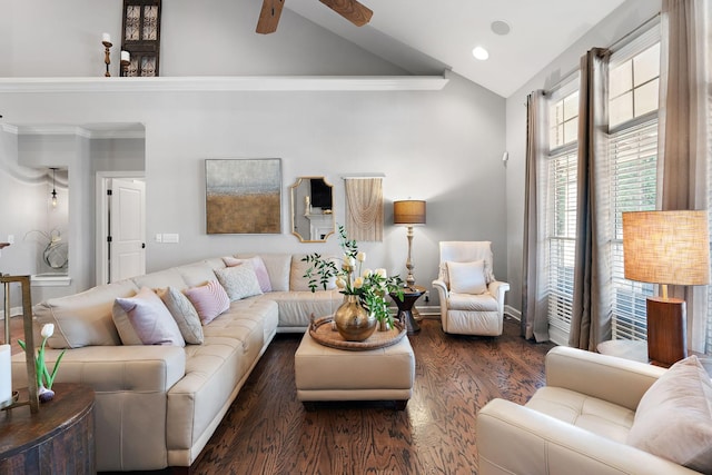 living area featuring baseboards, recessed lighting, wood finished floors, high vaulted ceiling, and a ceiling fan