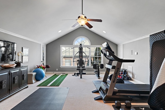 exercise area with baseboards, carpet floors, lofted ceiling, and ornamental molding