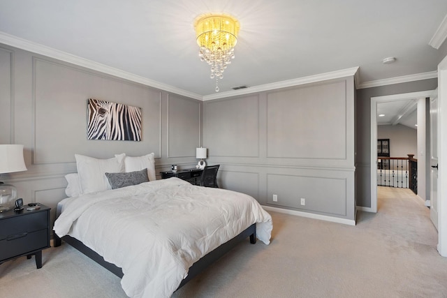 bedroom with crown molding, a decorative wall, and light carpet