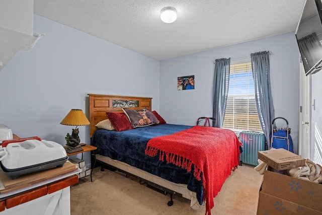 bedroom featuring a textured ceiling and carpet flooring