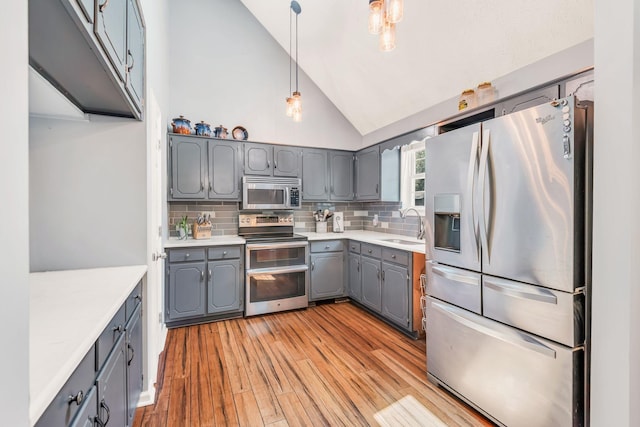 kitchen with gray cabinets, a sink, tasteful backsplash, light wood-style floors, and appliances with stainless steel finishes