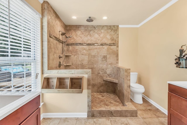 full bath featuring toilet, ornamental molding, baseboards, walk in shower, and vanity