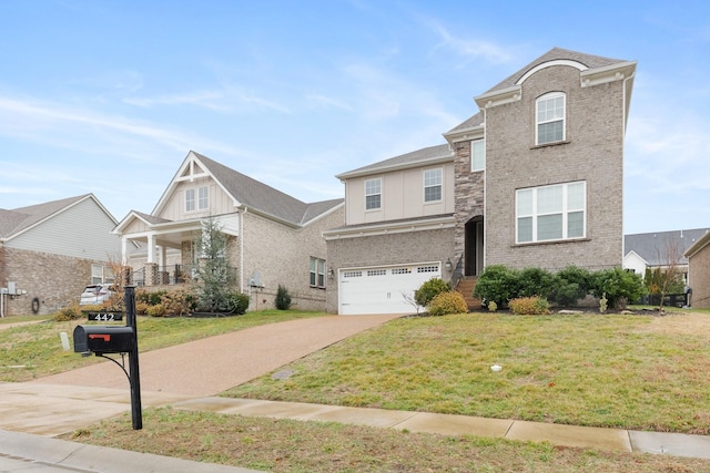 traditional-style home with a front lawn, brick siding, a garage, and driveway