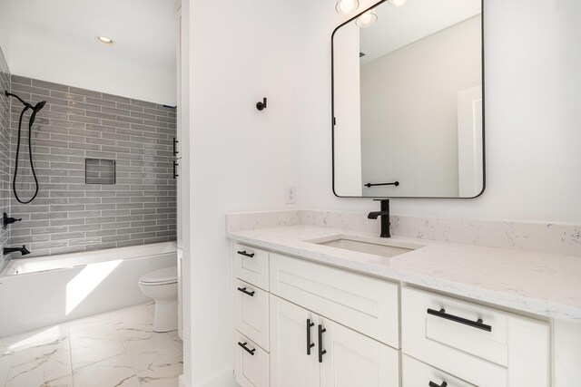 full bathroom featuring vanity, recessed lighting, shower / bath combination, toilet, and marble finish floor