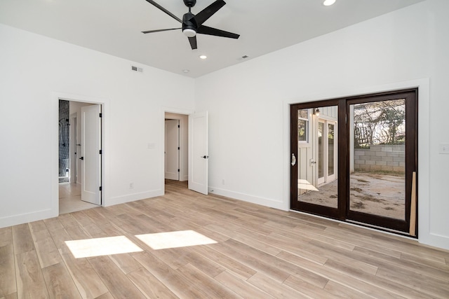 unfurnished bedroom with baseboards, visible vents, recessed lighting, access to outside, and light wood-type flooring