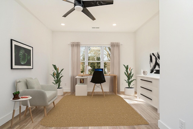 sitting room featuring visible vents, baseboards, ceiling fan, recessed lighting, and light wood-style flooring