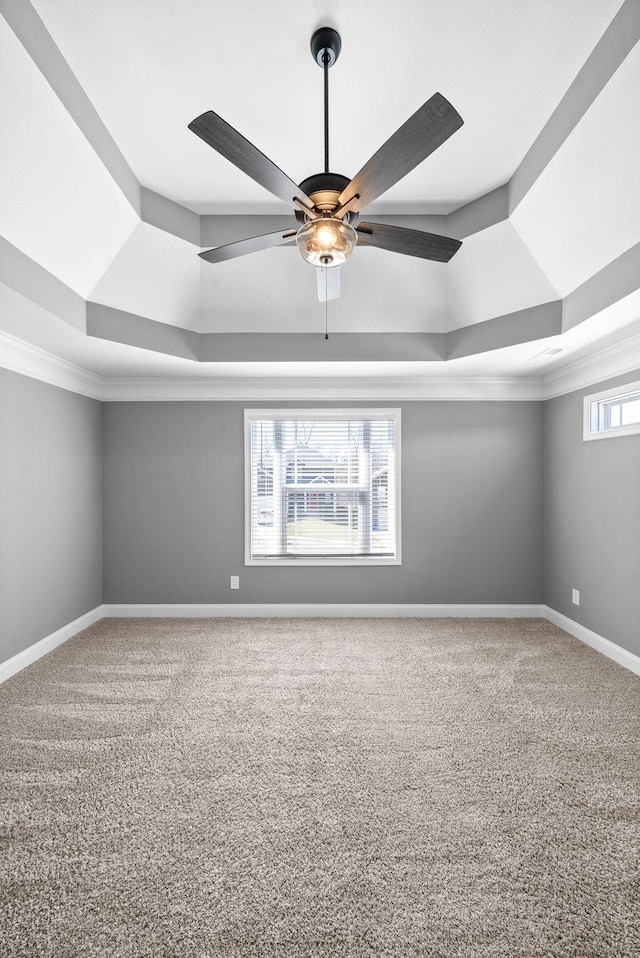 spare room featuring baseboards, a raised ceiling, carpet, and crown molding