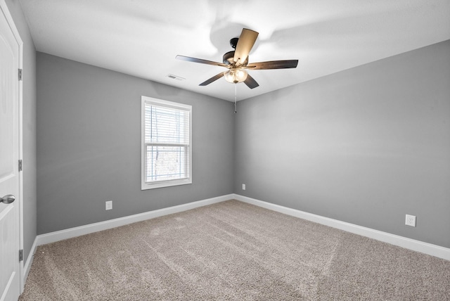 unfurnished room with visible vents, ceiling fan, baseboards, and carpet