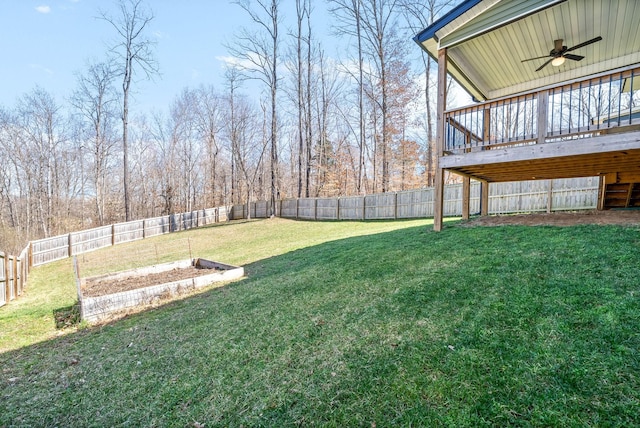 view of yard featuring a vegetable garden, a fenced backyard, and ceiling fan